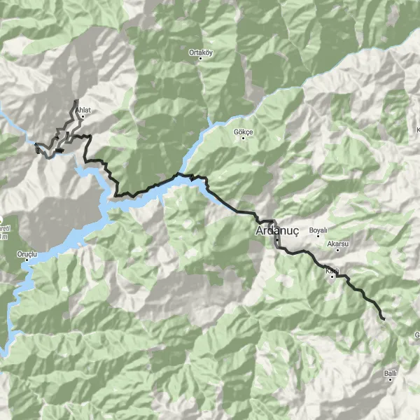 Map miniature of "Exploring the Beauty of Artvin" cycling inspiration in Trabzon, Ordu, Giresun, Rize, Artvin, Gümüşhane, Turkey. Generated by Tarmacs.app cycling route planner