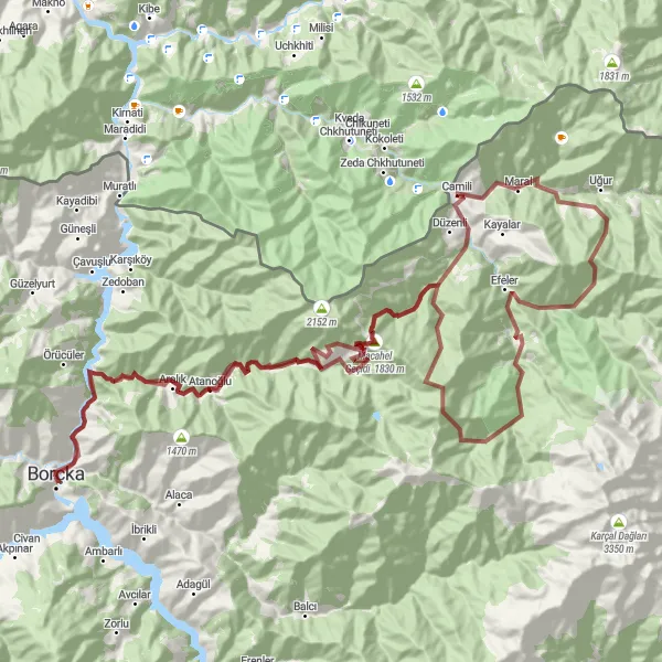 Map miniature of "Borçka to Macahel Geçidi via Aralik" cycling inspiration in Trabzon, Ordu, Giresun, Rize, Artvin, Gümüşhane, Turkey. Generated by Tarmacs.app cycling route planner