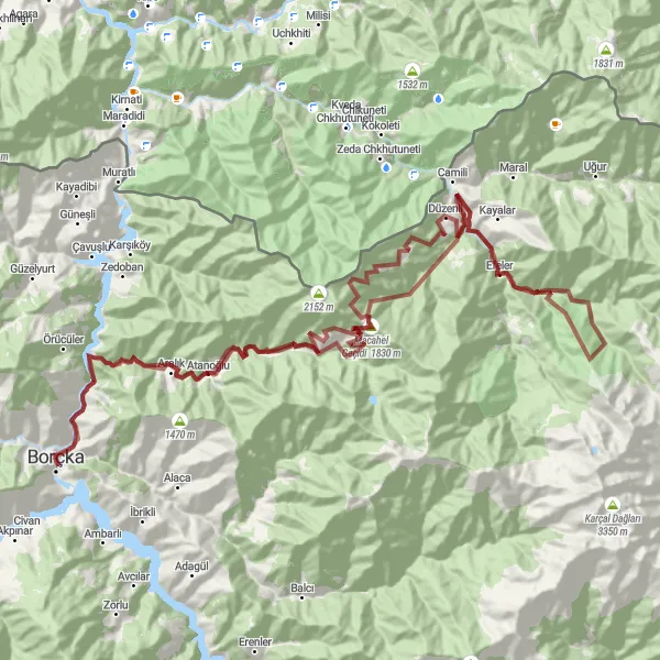 Map miniature of "Gravel Adventure: Macahel Geçidi Exploration" cycling inspiration in Trabzon, Ordu, Giresun, Rize, Artvin, Gümüşhane, Turkey. Generated by Tarmacs.app cycling route planner