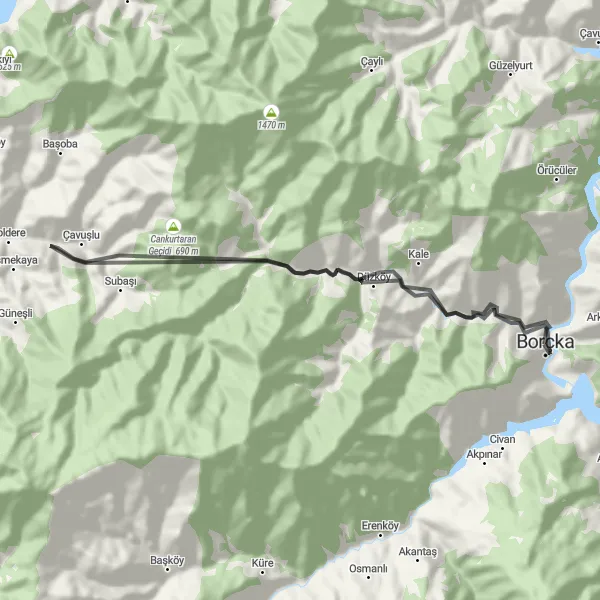 Map miniature of "Borçka Loop via Cankurtaran Geçidi" cycling inspiration in Trabzon, Ordu, Giresun, Rize, Artvin, Gümüşhane, Turkey. Generated by Tarmacs.app cycling route planner