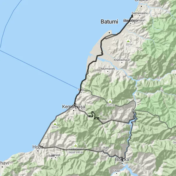 Map miniature of "Borçka to Batumi Cycling Adventure" cycling inspiration in Trabzon, Ordu, Giresun, Rize, Artvin, Gümüşhane, Turkey. Generated by Tarmacs.app cycling route planner