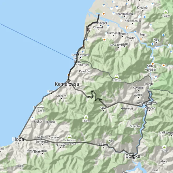 Map miniature of "Borçka to Gonio Fortress Expedition" cycling inspiration in Trabzon, Ordu, Giresun, Rize, Artvin, Gümüşhane, Turkey. Generated by Tarmacs.app cycling route planner