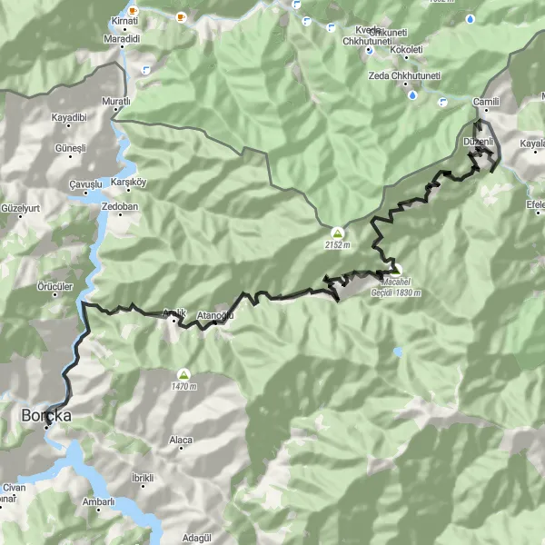 Map miniature of "Borçka Mountain Crossing" cycling inspiration in Trabzon, Ordu, Giresun, Rize, Artvin, Gümüşhane, Turkey. Generated by Tarmacs.app cycling route planner