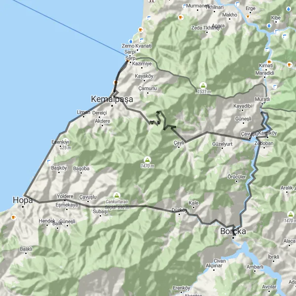 Map miniature of "Borçka to Hopa via Sarpi" cycling inspiration in Trabzon, Ordu, Giresun, Rize, Artvin, Gümüşhane, Turkey. Generated by Tarmacs.app cycling route planner
