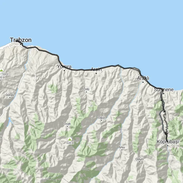 Map miniature of "Rize Coastal Getaway" cycling inspiration in Trabzon, Ordu, Giresun, Rize, Artvin, Gümüşhane, Turkey. Generated by Tarmacs.app cycling route planner