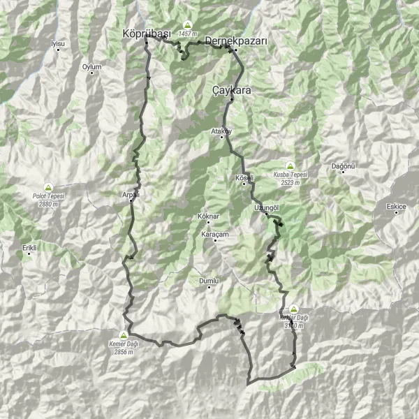 Map miniature of "Trabzon Round Trip via Uzungöl and Kemer Dağı" cycling inspiration in Trabzon, Ordu, Giresun, Rize, Artvin, Gümüşhane, Turkey. Generated by Tarmacs.app cycling route planner