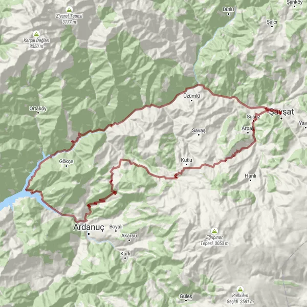 Map miniature of "Irmaklar and Ferhatlı Gravel Route" cycling inspiration in Trabzon, Ordu, Giresun, Rize, Artvin, Gümüşhane, Turkey. Generated by Tarmacs.app cycling route planner