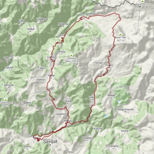 Map miniature of "Pınarlı and Çoraklı Gravel Tour" cycling inspiration in Trabzon, Ordu, Giresun, Rize, Artvin, Gümüşhane, Turkey. Generated by Tarmacs.app cycling route planner