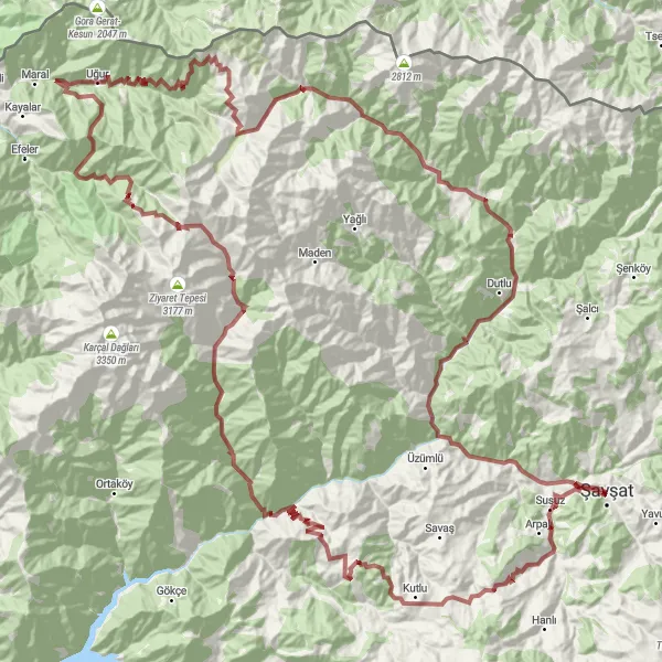 Map miniature of "Ultimate Gravel Challenge in Şavşat" cycling inspiration in Trabzon, Ordu, Giresun, Rize, Artvin, Gümüşhane, Turkey. Generated by Tarmacs.app cycling route planner