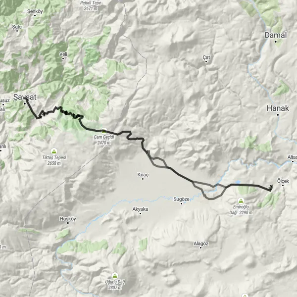 Map miniature of "Şavşat to Ardahan Road" cycling inspiration in Trabzon, Ordu, Giresun, Rize, Artvin, Gümüşhane, Turkey. Generated by Tarmacs.app cycling route planner