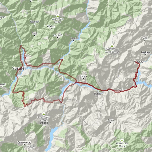 Map miniature of "The Yusufeli Gravel Adventure" cycling inspiration in Trabzon, Ordu, Giresun, Rize, Artvin, Gümüşhane, Turkey. Generated by Tarmacs.app cycling route planner