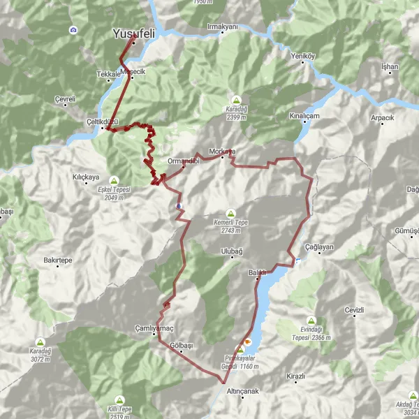 Map miniature of "Gravel Wonders of Yusufeli" cycling inspiration in Trabzon, Ordu, Giresun, Rize, Artvin, Gümüşhane, Turkey. Generated by Tarmacs.app cycling route planner