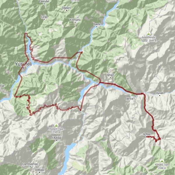 Map miniature of "Yusufeli Gravel Adventure" cycling inspiration in Trabzon, Ordu, Giresun, Rize, Artvin, Gümüşhane, Turkey. Generated by Tarmacs.app cycling route planner