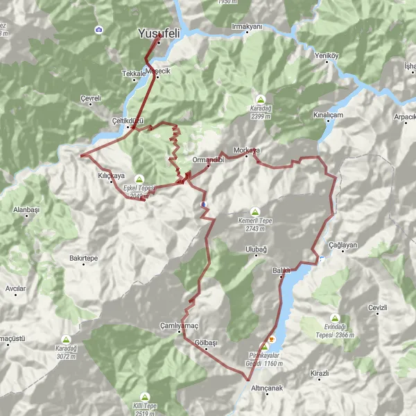 Map miniature of "Yusufeli - Camliyamac - Pirinkayalar Geçidi Gravel Bike Route" cycling inspiration in Trabzon, Ordu, Giresun, Rize, Artvin, Gümüşhane, Turkey. Generated by Tarmacs.app cycling route planner