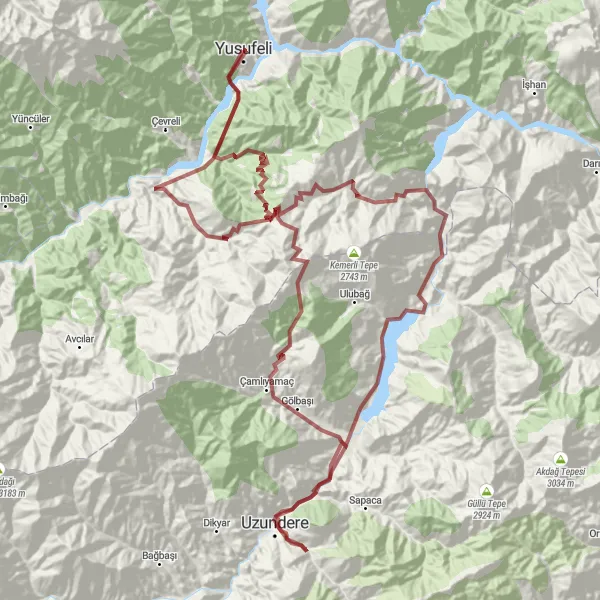 Map miniature of "Yusufeli - Tortum Waterfall - Uzundere - Camliyamac Gravel Bike Route" cycling inspiration in Trabzon, Ordu, Giresun, Rize, Artvin, Gümüşhane, Turkey. Generated by Tarmacs.app cycling route planner