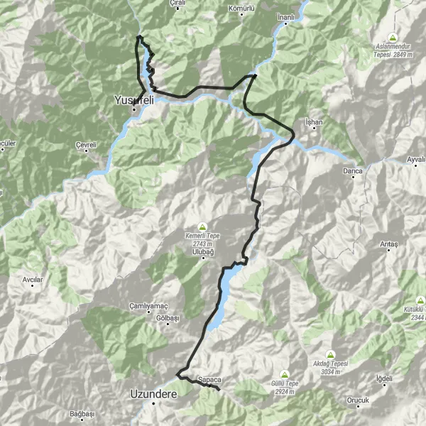 Map miniature of "Cycling Adventure Through Yusufeli" cycling inspiration in Trabzon, Ordu, Giresun, Rize, Artvin, Gümüşhane, Turkey. Generated by Tarmacs.app cycling route planner