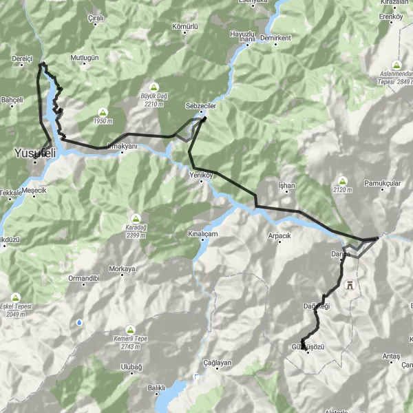 Map miniature of "Yusufeli - Şilenkar Tepesi - Seyir Tepesi Road Bike Route (Extended)" cycling inspiration in Trabzon, Ordu, Giresun, Rize, Artvin, Gümüşhane, Turkey. Generated by Tarmacs.app cycling route planner