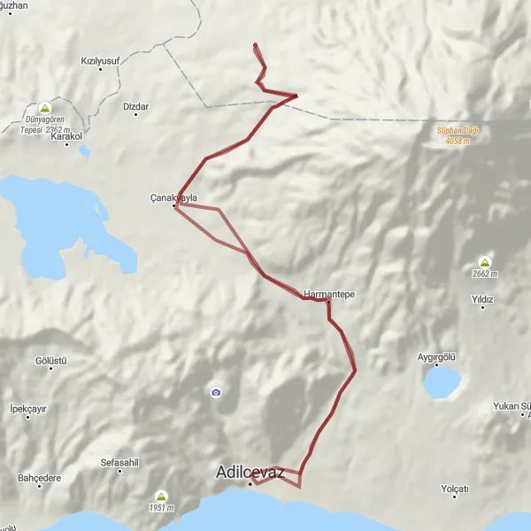 Map miniature of "Adventurous Gravel Ride Around Adilcevaz" cycling inspiration in Van, Muş, Bitlis, Hakkari, Turkey. Generated by Tarmacs.app cycling route planner