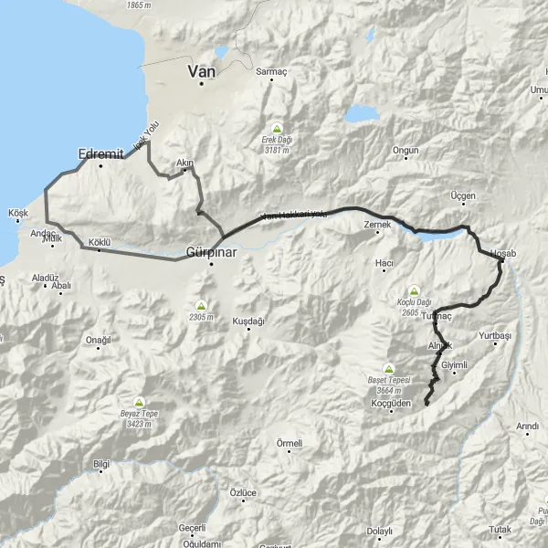 Map miniature of "Edremit-Bitlis-Van Edremit Road Cycling Route" cycling inspiration in Van, Muş, Bitlis, Hakkari, Turkey. Generated by Tarmacs.app cycling route planner