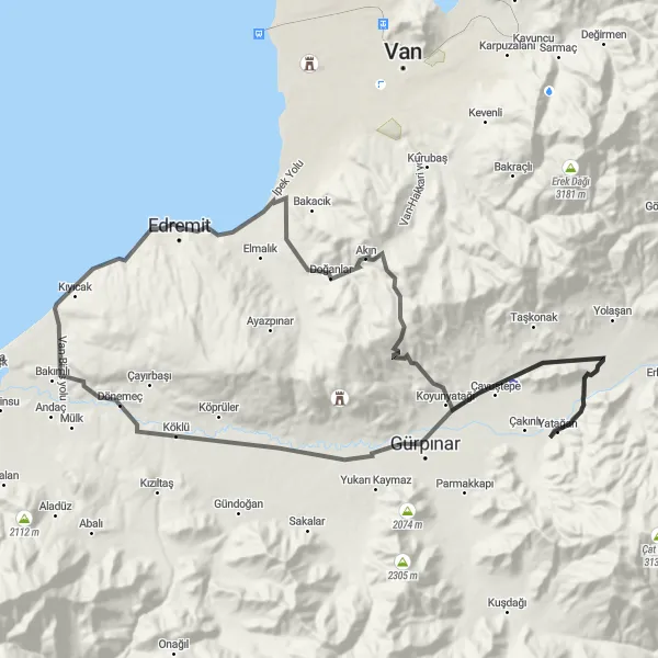 Map miniature of "Edremit-Çavuştepe-Gürpınar Cycling Route" cycling inspiration in Van, Muş, Bitlis, Hakkari, Turkey. Generated by Tarmacs.app cycling route planner