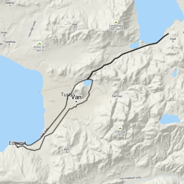 Map miniature of "Edremit-Van-Tuşba Cycling Adventure" cycling inspiration in Van, Muş, Bitlis, Hakkari, Turkey. Generated by Tarmacs.app cycling route planner