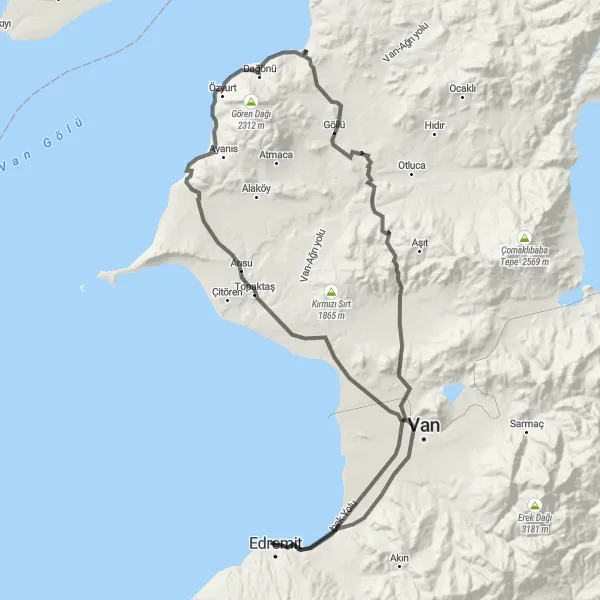 Map miniature of "Edremit-Mollakasım-Tuşba Road Cycling Route" cycling inspiration in Van, Muş, Bitlis, Hakkari, Turkey. Generated by Tarmacs.app cycling route planner