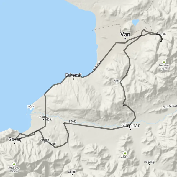 Map miniature of "The Gevaş Loop" cycling inspiration in Van, Muş, Bitlis, Hakkari, Turkey. Generated by Tarmacs.app cycling route planner