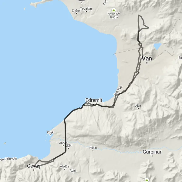 Map miniature of "Road Cycling Route from Gevaş to Tuşba" cycling inspiration in Van, Muş, Bitlis, Hakkari, Turkey. Generated by Tarmacs.app cycling route planner