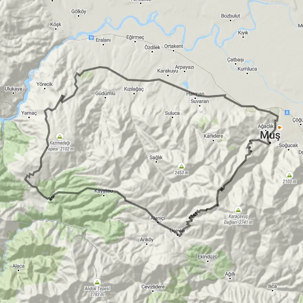 Map miniature of "Muş Kale and Muratpaşa Loop" cycling inspiration in Van, Muş, Bitlis, Hakkari, Turkey. Generated by Tarmacs.app cycling route planner