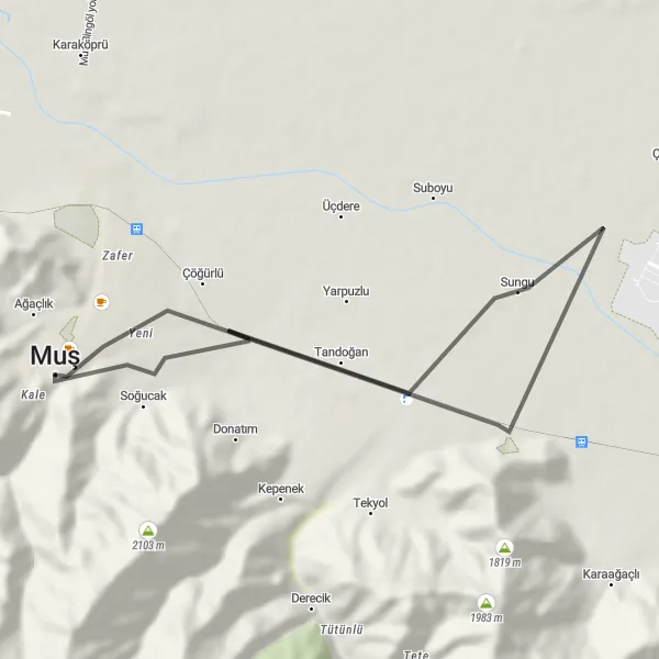 Map miniature of "Muş Loop via Soğucak" cycling inspiration in Van, Muş, Bitlis, Hakkari, Turkey. Generated by Tarmacs.app cycling route planner