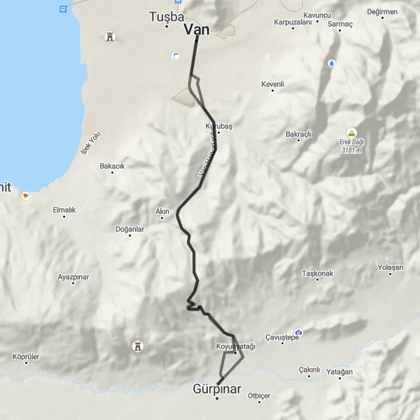 Map miniature of "Van to Şerefiye Mah. Route" cycling inspiration in Van, Muş, Bitlis, Hakkari, Turkey. Generated by Tarmacs.app cycling route planner