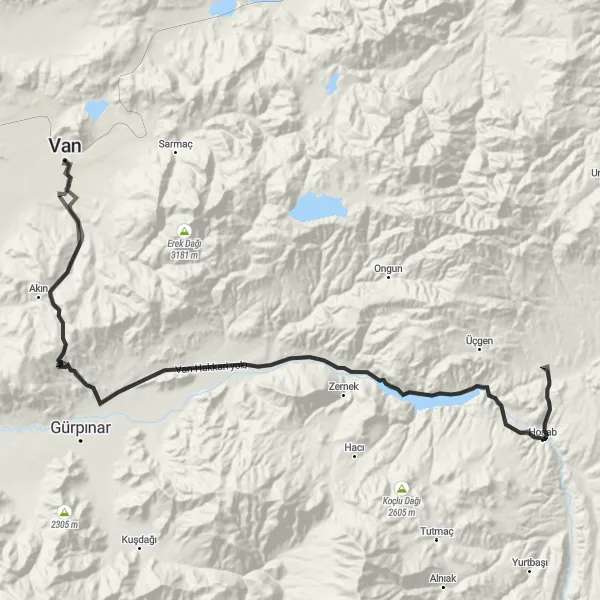 Map miniature of "Van to Hoşap Castle Route" cycling inspiration in Van, Muş, Bitlis, Hakkari, Turkey. Generated by Tarmacs.app cycling route planner