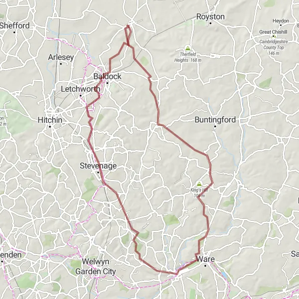 Map miniature of "Challenging Gravel Cycling Route from Ashwell via Cromer and Hertford" cycling inspiration in Bedfordshire and Hertfordshire, United Kingdom. Generated by Tarmacs.app cycling route planner