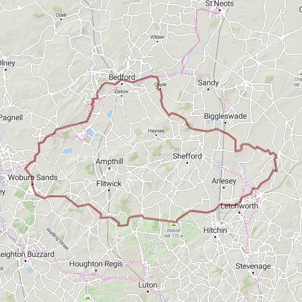 Map miniature of "Ashwell - Letchworth - Deacon Hill - Harlington - Woburn - Wootton - Old Warden - Edworth" cycling inspiration in Bedfordshire and Hertfordshire, United Kingdom. Generated by Tarmacs.app cycling route planner