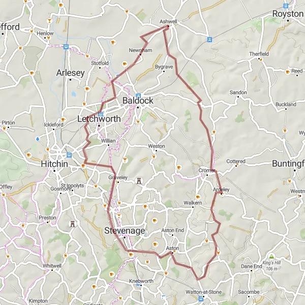 Map miniature of "Ashwell Gravel Route" cycling inspiration in Bedfordshire and Hertfordshire, United Kingdom. Generated by Tarmacs.app cycling route planner