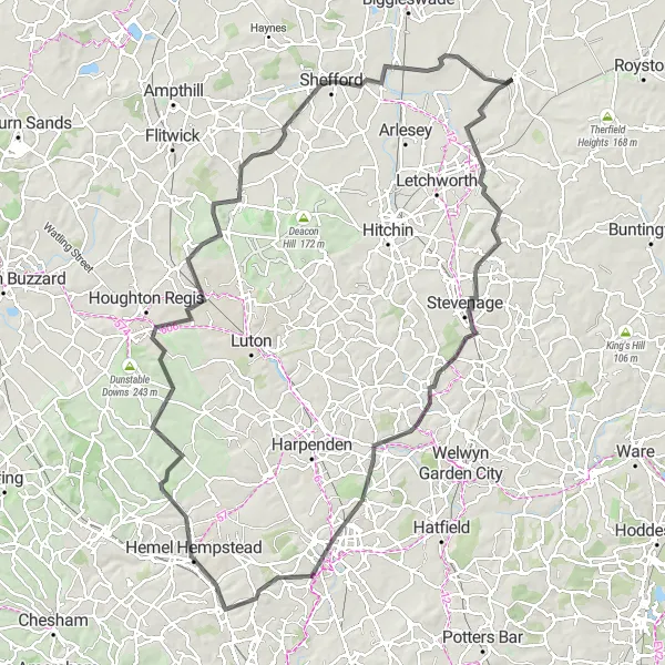 Map miniature of "Round-Trip Cycling Route from Ashwell via Baldock, Stevenage, and St Albans" cycling inspiration in Bedfordshire and Hertfordshire, United Kingdom. Generated by Tarmacs.app cycling route planner