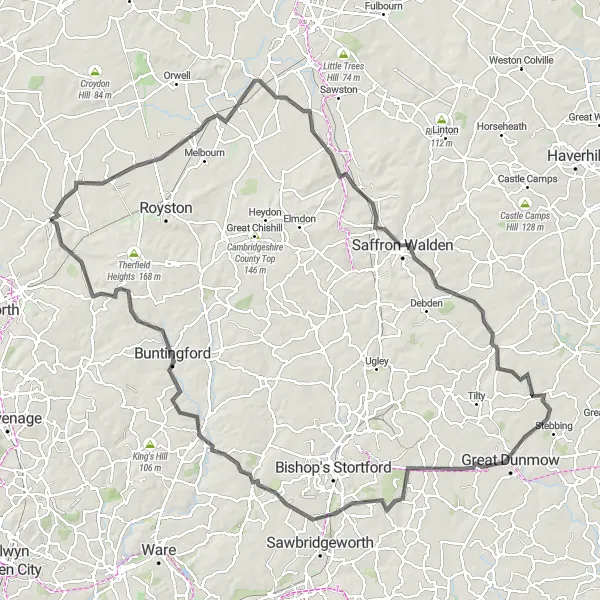 Map miniature of "Ashwell to Saffron Walden Loop" cycling inspiration in Bedfordshire and Hertfordshire, United Kingdom. Generated by Tarmacs.app cycling route planner