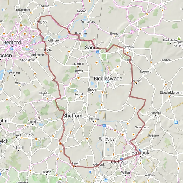 Map miniature of "Shillington Loop" cycling inspiration in Bedfordshire and Hertfordshire, United Kingdom. Generated by Tarmacs.app cycling route planner