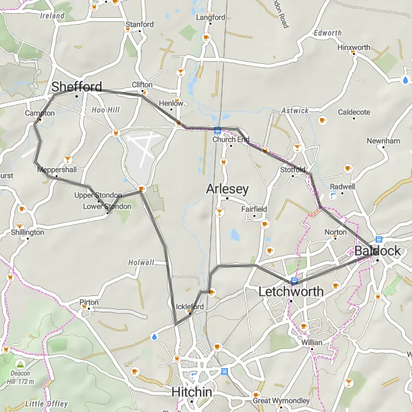 Map miniature of "Letchworth Escape" cycling inspiration in Bedfordshire and Hertfordshire, United Kingdom. Generated by Tarmacs.app cycling route planner