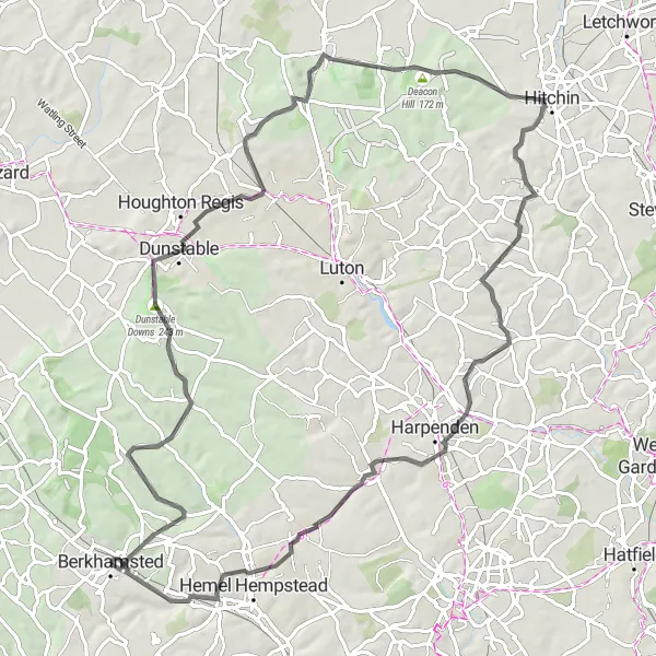 Map miniature of "Thames and Chilterns Epic" cycling inspiration in Bedfordshire and Hertfordshire, United Kingdom. Generated by Tarmacs.app cycling route planner