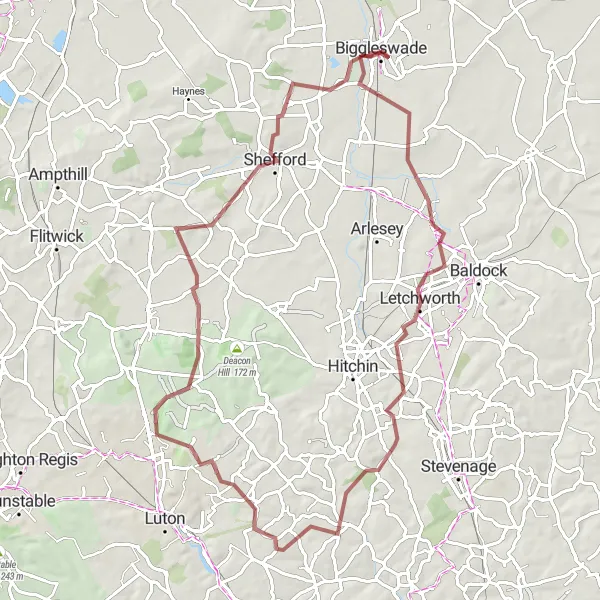 Map miniature of "Astwick-Whitwell Circular Gravel Route" cycling inspiration in Bedfordshire and Hertfordshire, United Kingdom. Generated by Tarmacs.app cycling route planner