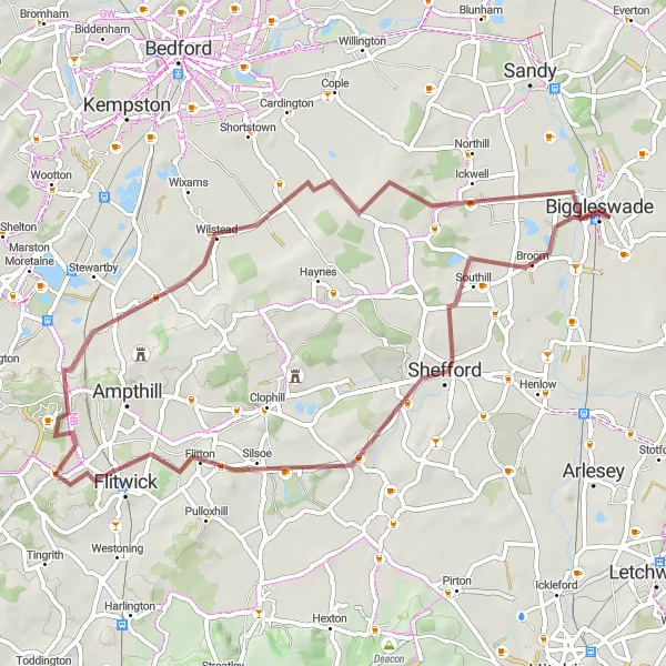 Map miniature of "Exploring Bedfordshire's Gravel Roads" cycling inspiration in Bedfordshire and Hertfordshire, United Kingdom. Generated by Tarmacs.app cycling route planner