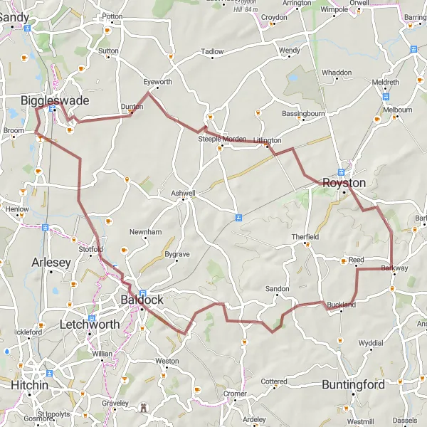 Map miniature of "The Gravel Escapade" cycling inspiration in Bedfordshire and Hertfordshire, United Kingdom. Generated by Tarmacs.app cycling route planner