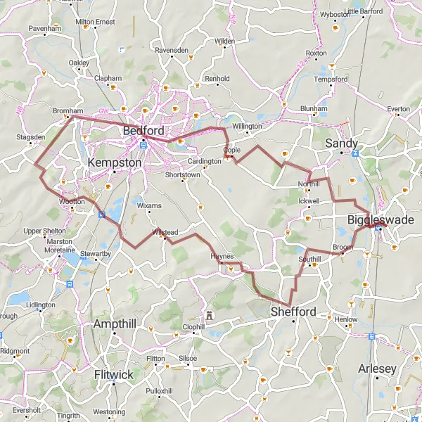 Map miniature of "The Shefford Adventure" cycling inspiration in Bedfordshire and Hertfordshire, United Kingdom. Generated by Tarmacs.app cycling route planner