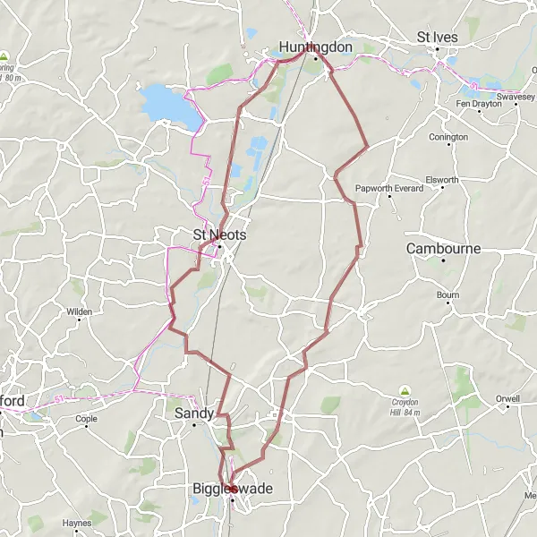 Map miniature of "Biggleswade Gravel Adventure" cycling inspiration in Bedfordshire and Hertfordshire, United Kingdom. Generated by Tarmacs.app cycling route planner