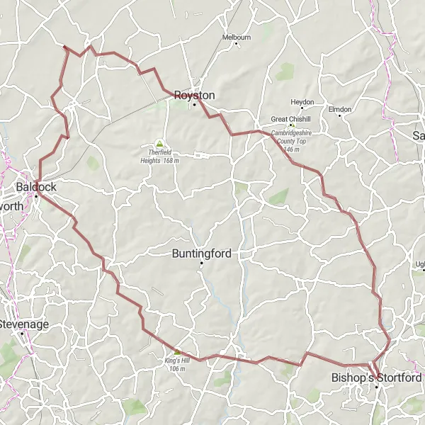 Map miniature of "Hertfordshire Gravel Adventure" cycling inspiration in Bedfordshire and Hertfordshire, United Kingdom. Generated by Tarmacs.app cycling route planner