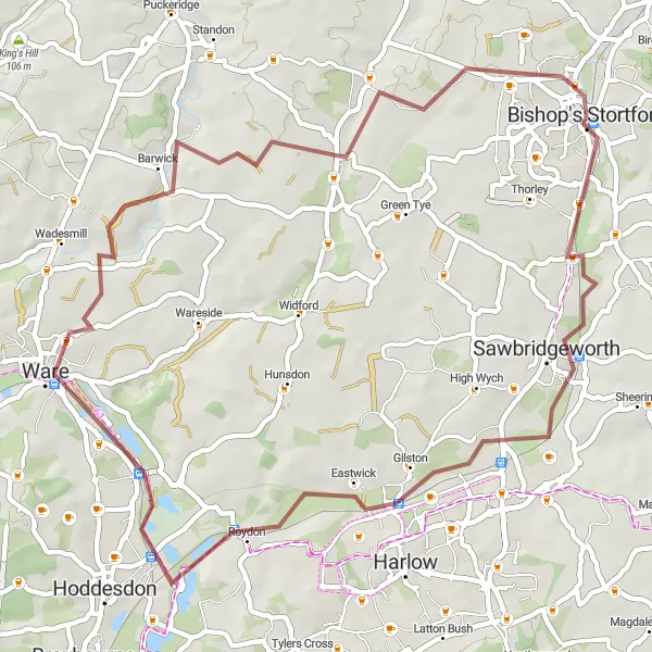Map miniature of "Bishop's Stortford Cruise" cycling inspiration in Bedfordshire and Hertfordshire, United Kingdom. Generated by Tarmacs.app cycling route planner