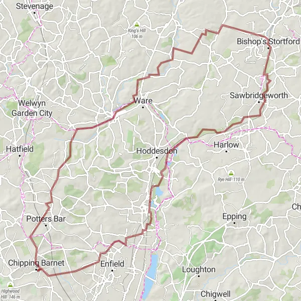 Map miniature of "Hundred Kilometer Gravel Escape" cycling inspiration in Bedfordshire and Hertfordshire, United Kingdom. Generated by Tarmacs.app cycling route planner