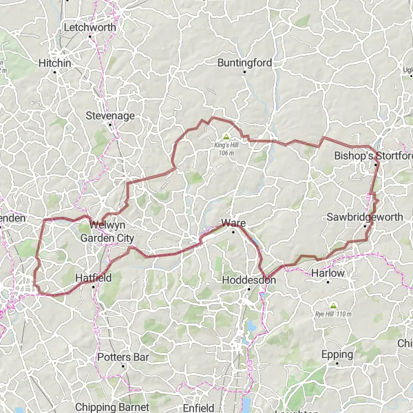 Map miniature of "Hertfordshire Epic Gravel Journey" cycling inspiration in Bedfordshire and Hertfordshire, United Kingdom. Generated by Tarmacs.app cycling route planner