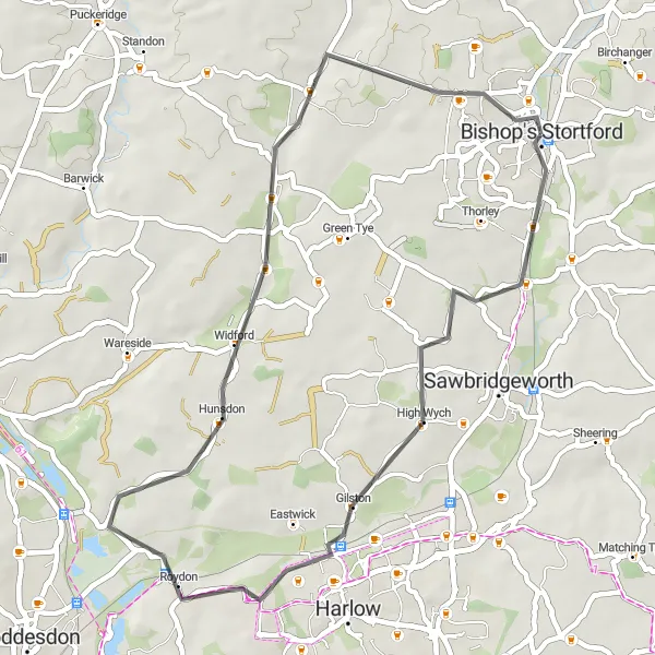 Map miniature of "Bishop's Stortford Loop" cycling inspiration in Bedfordshire and Hertfordshire, United Kingdom. Generated by Tarmacs.app cycling route planner